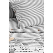 Ipliği Boyalı Pamuklu Çift Kişilik Çizgili Düğmeli Nevresim Seti 200X220 cm King Size