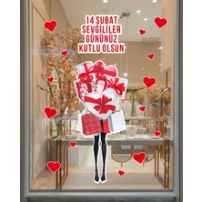 New Jargon Hediye ve Kalp Tasarımlı Romantik 14 Şubat Sticker - Sevgililer Günü Cam Kapı Vitrin Mağaza Süsleme