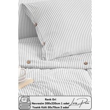 Ipliği Boyalı Pamuklu Çift Kişilik Çizgili Düğmeli Nevresim Seti 200X220 cm King Size