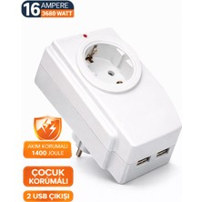 Ecuy 16 Amper 3680 Watt Tekli Akım Korumalı Priz 2 USB Çıkışlı Çocuk Korumalı 1400 Joule