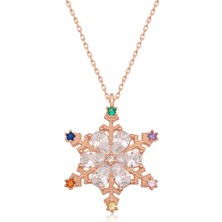 Katre46 925 Ayar Gümüş Rose Renkli Taşlı Kar Tanesi Kadın Gümüş Kolye