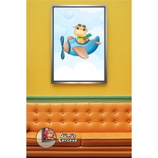 KOSS Dijital Uçak Kullanan Sevimli Dinozor Gökyüzü Macerası Temalı Çocuk Odası Dekoru Çerçeveli Kanvas Tablo