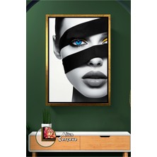 KOSS Dijital Mavi Göz Detaylı Siyah Beyaz Kadın Portre Modern Salon ve Ofis Duvar Dekoru Çerçeveli Kanvas Tablo