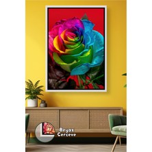KOSS Dijital Gökkuşağı Renkli Gül Çiçek Detayı Canlı Renk Teması Modern Salon Ofis Dekoru Çerçeveli Kanvas Tablo