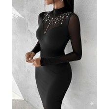 Kendim Fashion Kadın Balıkçı Yaka Dalgıç Kumaş Taş ve Transparan Detaydiz Üstü Elbise