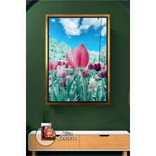 KOSS Dijital Pembe Lale Bahçesi Manzaralı Salon ve Yatak Odası Için Şık Çiçekler Çerçeveli Kanvas Tablo