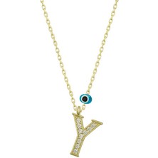 Katre46 925 Ayar Gümüş Nazar Gold Y Harfi Kadın Gümüş Kolye