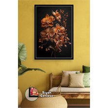 KOSS Dijital Bakır Tonlu Orkide Çiçekleri Koyu Zemin Salon ve Oturma Odası Duvar Dekoru Çerçeveli Kanvas Tablo