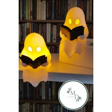 M&D Design Kitap Okuyan Hayalet Figürü 2’li Pilli Mum Ile Kullanım Masaüstü Dekoru Halloween Dekoratif Figür