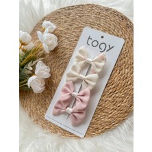 Aysskids Ekru Çiçek Desenli ve Pudra Fiyonk Kız Çocuk Bebek Toka Seti