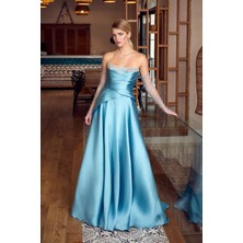 Ömür Inn Kadın Straplez Seyyar Kol Detaylı Uzun Abiye Elbise 6734 Turkuaz