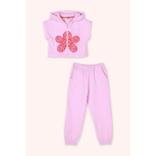 Panço Kız Çocuk Pembe Çiçek Motifli Pembe 2'li Takım