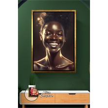 KOSS Dijital Gülümseyen Afrika Kadın Yüz Portresi Altın Işık Efektli Sıcak Dekor Konsepti Çerçeveli Kanvas Tablo