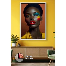 KOSS Dijital Afrika Kadın Portre Renkli Yüz Makyajlı Kırmızı Ruj Detaylı Duvar Sanatı Çerçeveli Kanvas Tablo