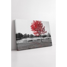 KOSS Dijital Kırmızı Yapraklı Tek Ağaç ve Göl Kenarı Siyah Beyaz Park Manzarası Huzurlu Dekor Kanvas Tablo
