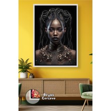 KOSS Dijital Siyah Fonlu Örgü Saçlı Kadın Portresi Modern Salon ve Ofis Duvar Dekoru Çerçeveli Kanvas Tablo