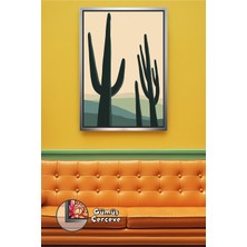 KOSS Dijital Bohem Uzun Kaktüs Silüetleriyle Sade Çöl Manzarası Boho Tarzı Çerçeveli Kanvas Tablo