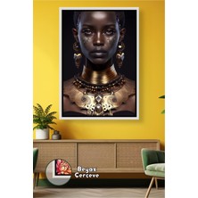KOSS Dijital Altın Takı Detaylı Afrika Kadın Portresi Koyu Zemin Zarif Ev Dekor Stili Çerçeveli Kanvas Tablo