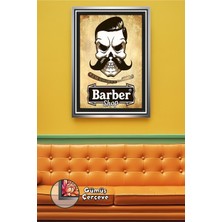 KOSS Dijital Vintage Zeminli Sakallı Kurukafa Barber Shop Temalı Erkek Berber Kuaför Duvar Çerçeveli Kanvas Tablo