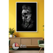 KOSS Dijital Berber ve Kuaför Salonları Için Kafatası Modern Erkek Stil Siyah Ton Dekor Çerçeveli Kanvas Tablo