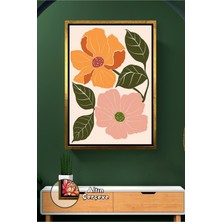 KOSS Dijital Turuncu ve Pudra Çiçekli Duvar Tablosu Yaprak Detaylı Sıcak Renk Modern Dekor Çerçeveli Kanvas Tablo