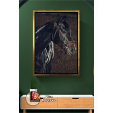 KOSS Dijital Asil Siyah At Figürü Derin Bakışlı Hayvan Portresi Klasik ve Modern Dekor Çerçeveli Kanvas Tablo