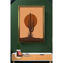 KOSS Dijital Minimal Çöl Manzarasında Saguaro Kaktüsü ve Güneş Silüeti Sıcak Tonlu Modern Çerçeveli Kanvas Tablo