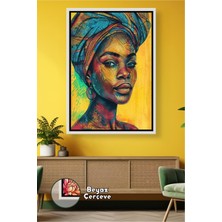 KOSS Dijital Başörtülü Afrikalı Kadın Portre Görseli Afrika Teması Modern Ev Dekoru Çerçeveli Kanvas Tablo