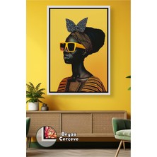 KOSS Dijital Güneş Gözlüklü Afrikalı Kadın Figürü Sarı Fonlu Modern Stil Etnik Kıyafetli Çerçeveli Kanvas Tablo