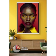 KOSS Dijital Kırmızı Zeminli Sarı Makyajlı Kadın Portresi Salon ve Ofis Için Duvar Dekoru Çerçeveli Kanvas Tablo