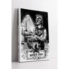 KOSS Dijital Siyah Beyaz Barber Shop Çizimli Retro Berber Portresi ve Mekân Detaylı Dekoratif Kanvas Tablo