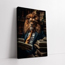 KOSS Dijital Takım Elbiseli Profesör Aslan ve Kitaplar Dekoratif Kanvas Tablo, Kütüphane Kitaplık Için Dekor