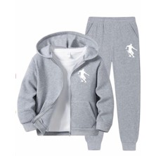 Punix Punıx Büyük Beden Özel Tasarım Kapüşonlu Fermuarlı Spor Baskılı %100 Pamuk Kışlık 2 Li Erkek Eşofman Takımı