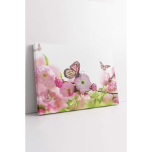 KOSS Dijital Pembe Çiçekler Kanvas Tablo, Kelebek Tablo, Doğal Yaşam Kanvas, Ilkbahar Dekoratif Tablo