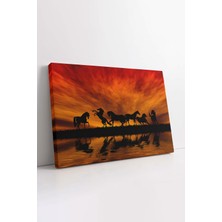 KOSS Dijital Kırmızı Gökyüzü Doğa At Silüetleri Ev Ofis Antre Salon Makam Odası Için Dekoratif Yatay Kanvas Tablo