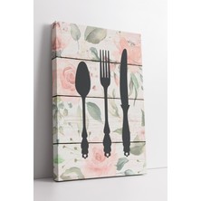 KOSS Dijital Çiçek Desenli Beyaz Ahşap Zemin Üzerinde Kaşık Çatal Bıçak Siluetli Modern Mutfak Kanvas Tablosu