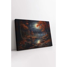 KOSS Dijital Sonbahar Yapraklar Göl ve Ay Gece Doğa Manzarası Yağlı Boya Görünümlü Dekoratif Yatay Kanvas Tablo