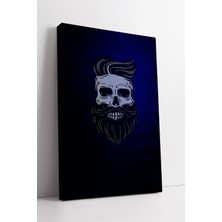 KOSS Dijital Mavi Arka Planlı Sakallı Skull Berber Temalı Modern Erkek Kuaför Dekor Kanvas Tablo