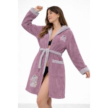 Caspara Wellsoft Tavşan Nakışlı Kapüşonlu Kadın Polar Bornoz - Yumuşak , Sıcak , Premium Ev Giyim Sabahlık