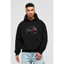 Ankhises Gym , Spor , Fitness Serisi 83 Ön Baskılı Siyah Hoodie Oversize Kapüşonlu Sweatshirt Erkek Kadın