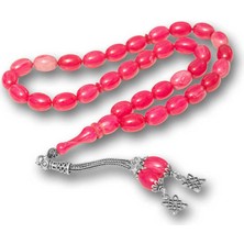 Katre46 Gümüş Püsküllü Pembe Sıkma Kehribar Tesbih