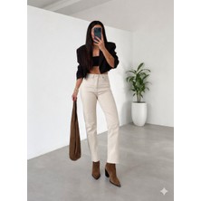 Ecenin Favorileri Ekru Kesik Paça Boy Fit Kadın Jean Pantolon