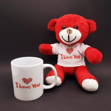 Katre46 I Love You Baskılı Kupa ve Kırmızı Ayıcık Seti