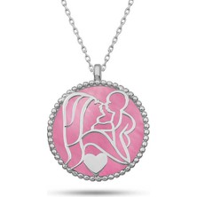 Katre46 Gümüş Pembe Sedef Taşlı Anne Çocuk Sevgisi Kolye