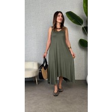 Kadın Çan Dokuma Kumaş V Yaka Asimetrik Kesim Elbise