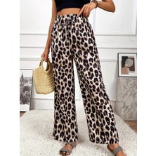 Kadın Yüksek Bel Beli Lastikli Bağcıklı Leopar Desenli Süprem Pantolon
