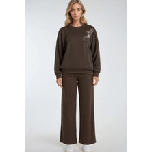 Hiccup Kadınlar Nakışlı Bisiklet Yaka Sweatshirt Ve Düz Paça Pantolon İkili Takım Bersan Collection Mocha Kahvesi