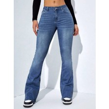 Kadın Yüksek Bel Cepli Ispanyol Paçalı Kot Jeans Pantolon