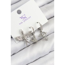 Bsre Pirinç Zirkon Taşlı 3'lü Kuş Figürlü Kadın Küpe (Gümüş Renk)