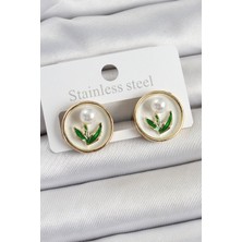 Bsre Pirinç Beyaz Mineli Lale Figürlü Portre Kadın Küpe (Gold Renk)